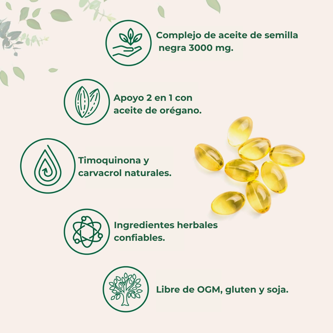 🌿 ACEITE DE ORÉGANO CON SEMILLAS NEGRAS – Salud y Bienestar Natural en Cada Cápsula⚡️